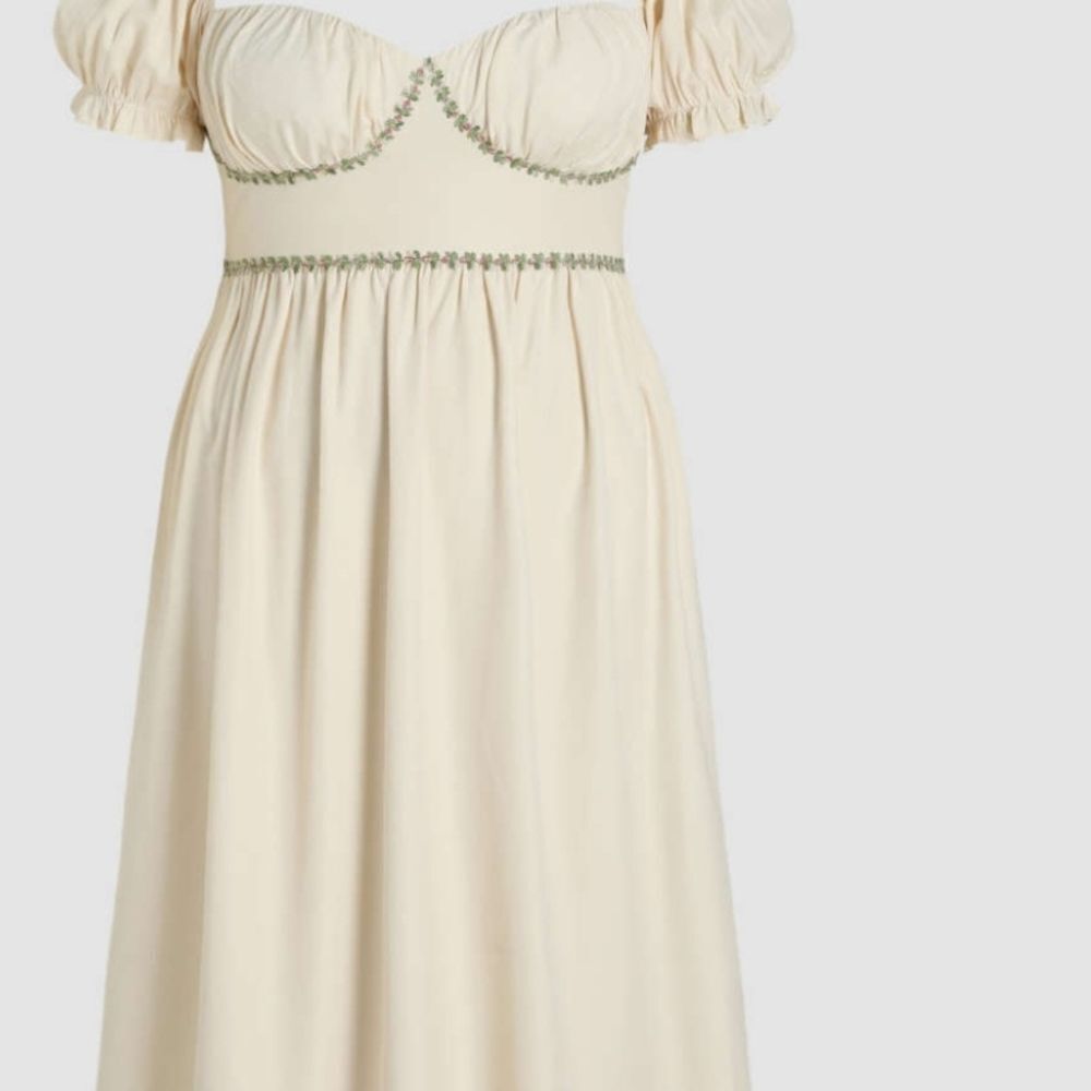 Peasant Dress Puffed Sleeve Square Neck Embroidered Floral Satin Dress Romantic